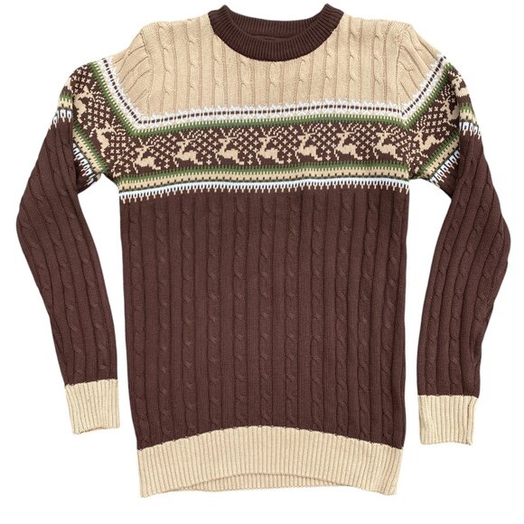 Other - Vintage Fair Isle Deer Cable Knit Sweater Brown Cabin Ski 70s Grandpa Ugly-M